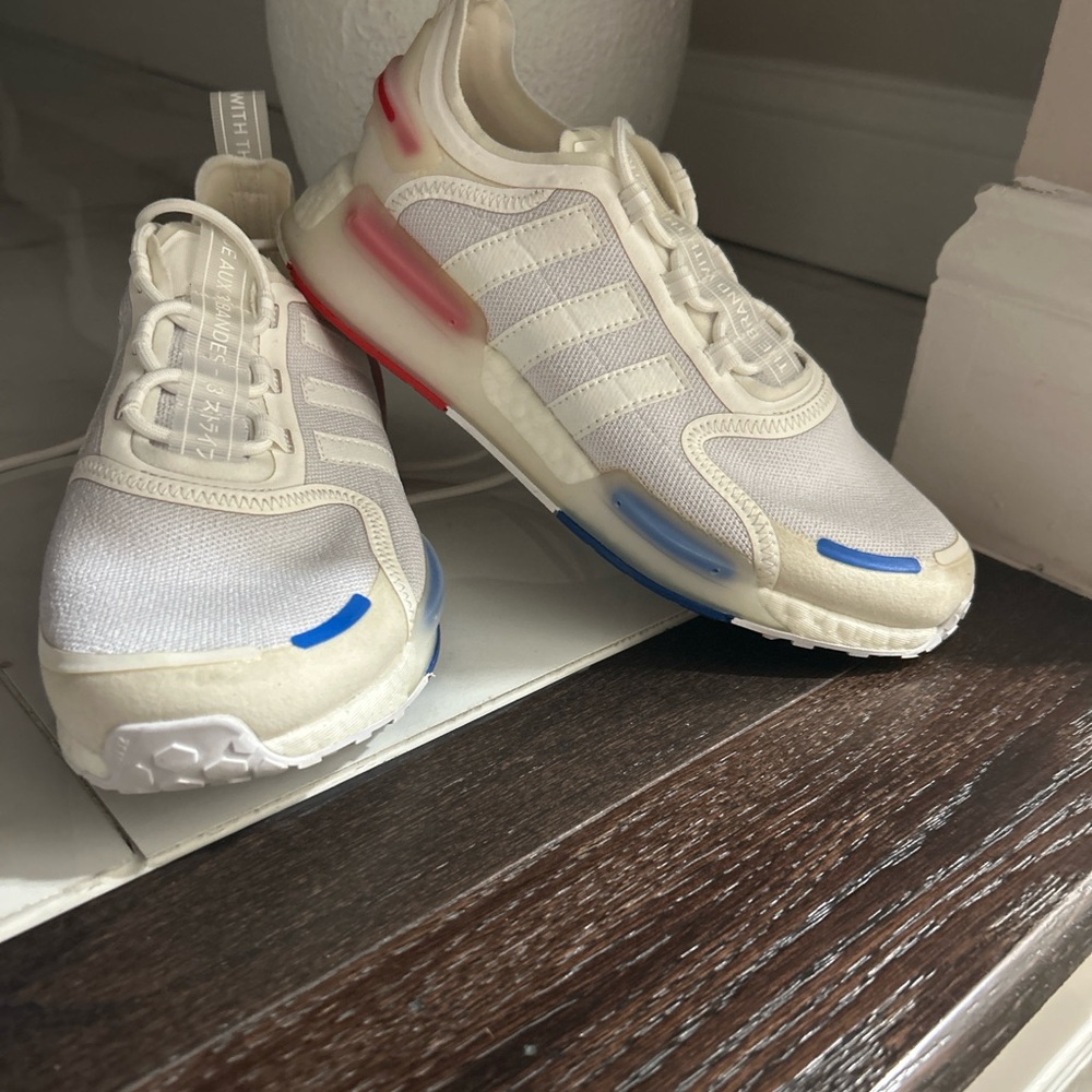 Adidas Cream Sneakers with Red and Blue Highlights